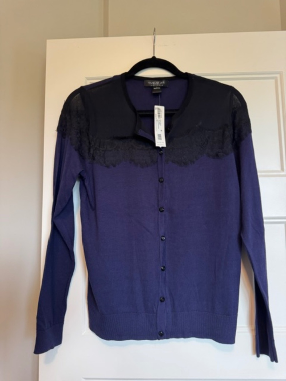 NWT August Silk Heritage Evening Blue Lace Trim Cardigan Sweater – Size L